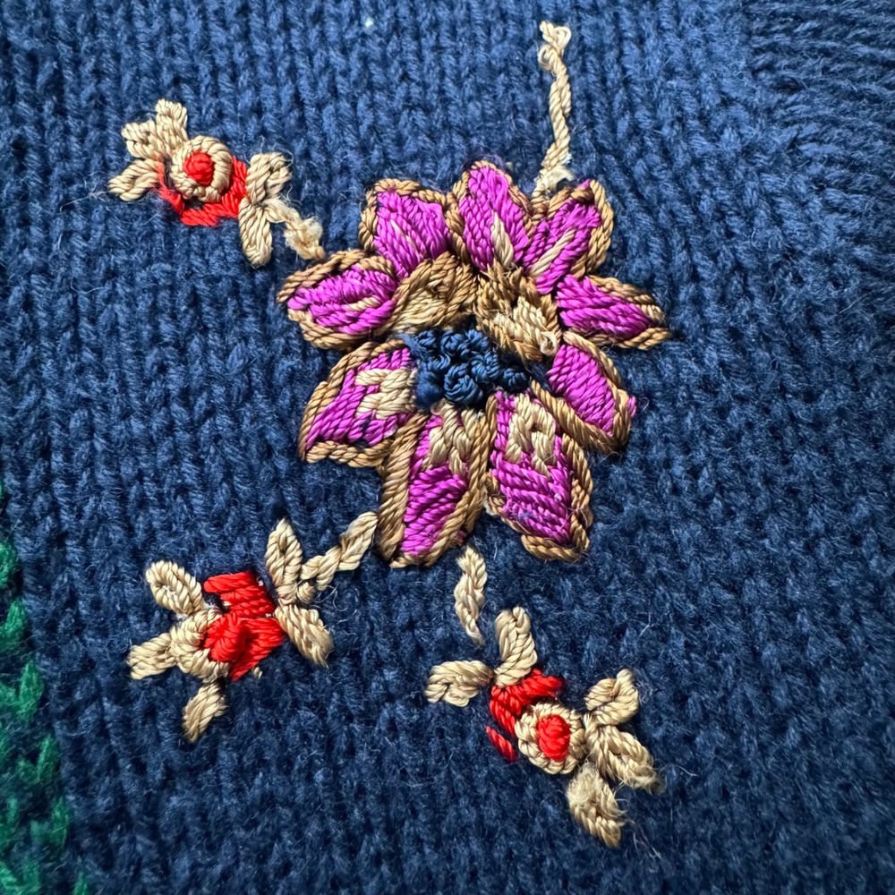 Vintage Sweater Womens Medium Floral Embroidered Chunky Cotton Ramie Patchwork - Picture 5 of 8